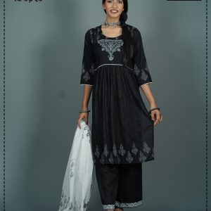 Best Collection Embroidery Work & Block Design Black Color Kameez Set