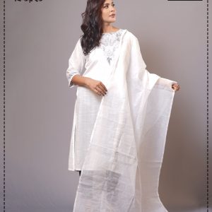 Best Festival White Color Embroidery Work Linen Fabric Kameez Set