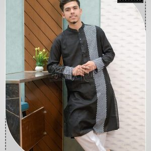 Fashionable Black Color Block Print Design Panjabi at This Eid