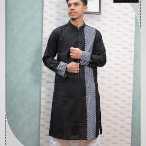 Fashionable Black Color Block Print Design Panjabi at This Eid