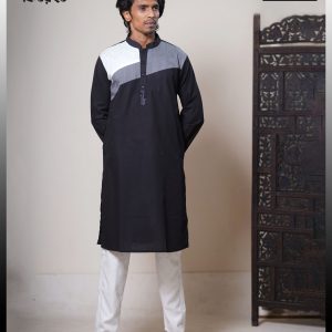 Fashionable Black Color Embroidery & Media Block Design Panjabi