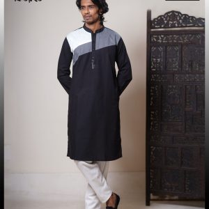 Fashionable Black Color Embroidery & Media Block Design Panjabi