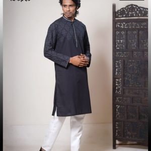 Latest Traditional Media Screen Printed Black & White Color Panjabi