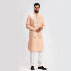 Lubnan Men's Peach Color Panjabi Waistcoat & Pajama Set | Infinity Mega Mall