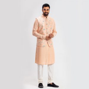 Lubnan Men's Peach Color Panjabi Waistcoat & Pajama Set | Infinity Mega Mall