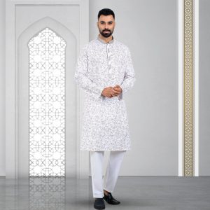 Lubnan Men's Regular Fit White Printed Panjabi | Infinity Mega Mall