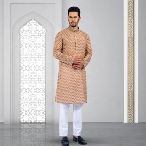 Lubnan Men's Regular Fit Yellow Maroon Color Panjabi | Infinity Mega Mall