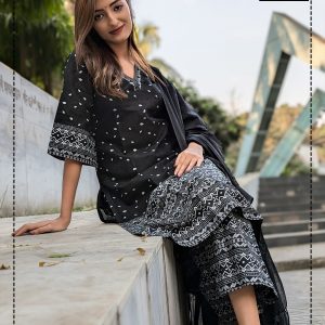 New Arrivals Screen Print Design Black Color Kameez Set
