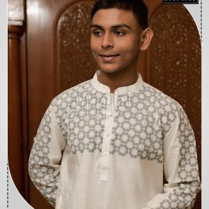 New Eid Stylish Block Printed Cotton Fabric White Panjabi