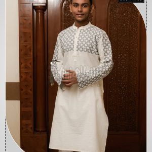 New Eid Stylish Block Printed Cotton Fabric White Panjabi