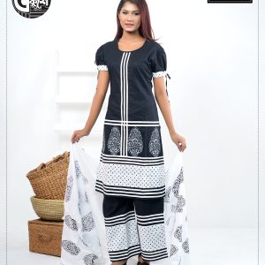 New Ekushe Media Block Design Cotton Kameez Set at Sadakalo