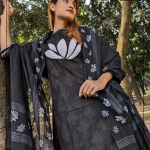 New Looking Black Color Block Printed Cotton Kameez Set