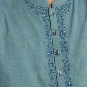 Teal Cotton Semi Fitted Panjabi