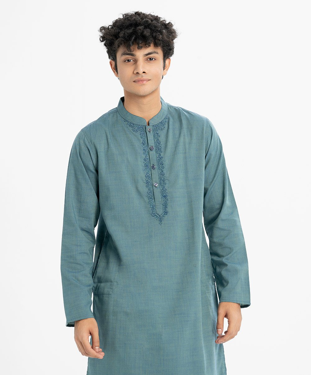 Teal Cotton Semi Fitted Panjabi
